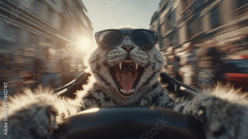 Cool sunglasses-wearing cat joyfully driving through city streets at sunset in charming scene