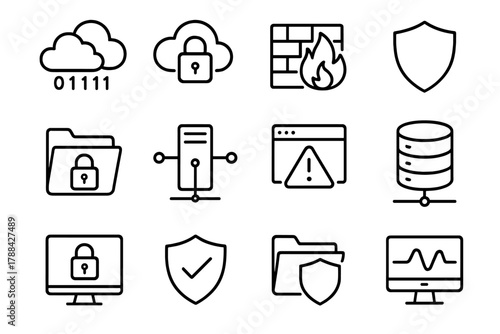Secure Cloud Icons. Secure Hybrid Cloud linear icon set: dual clouds, lock symbol, data stream, firewall grid, shield badge, secure folder, server tower, connection lines, alert