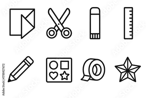 Craft Tools Icons. Paper Craft Icons linear icon set: origami paper, scissors, glue stick, ruler, pencil, stencil, tape, folded star.