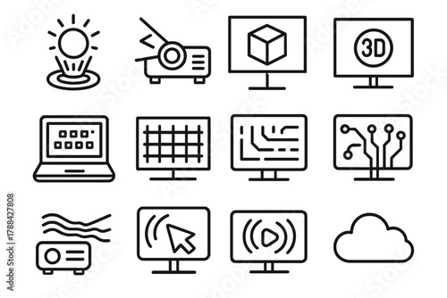 Digital Tech Hologram. Digital Projection linear icon set: hologram, projector, screen, 3D cube, glowing sphere, laptop, data grid, circuit board, motion waves, cursor, virtual