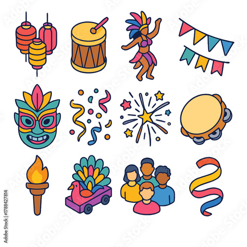 Vibrant Festival Icons. Cultural Street Party modern flat icons set: lanterns, drum, dancer, flag garland, traditional mask, confetti, fireworks, tambourine, torch, parade float,