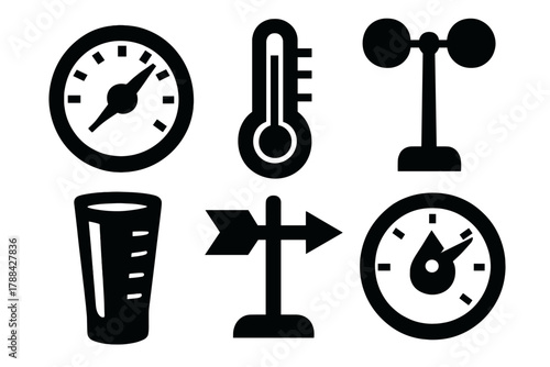 Bold Weather Instruments Icons. Weather Instruments silhouette icon set: barometer, thermometer, anemometer, rain gauge, wind vane, hygrometer.