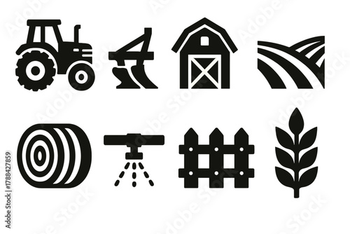 Bold Farm Icons. Agricultural Cultivation silhouette icon set: tractor, plow, barn, field, hay bale, irrigation pipe, fence, wheat.