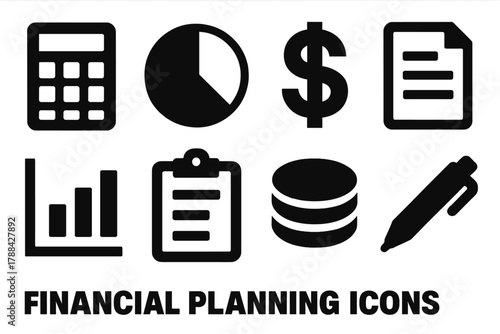 Brutalist Finance Icons. Financial Planning silhouette icon set: calculator, pie chart, dollar sign, document, chart, clipboard, coin stack, pen.