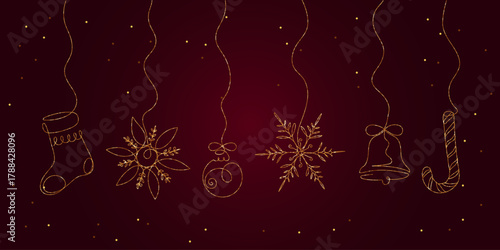 Golden Glitter Christmas Ornaments Line Art on Burgundy