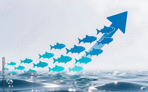 Fish school forming up arrow, perfect for population growth. Showcases marine life recovery and abundance.