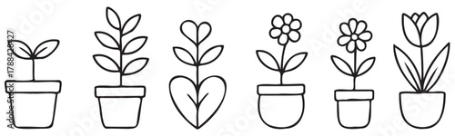 A series of potted plants are drawn in black and white. The plants are arranged in a row, with some of them being taller than others. The potted plants are placed in various sizes and shapes