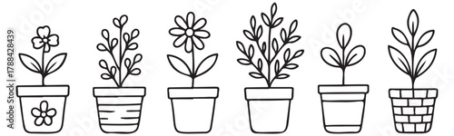 A row of potted plants are drawn in black and white. The plants are of different sizes and are arranged in a row. The potted plants are placed in various sizes and shapes, with some being taller