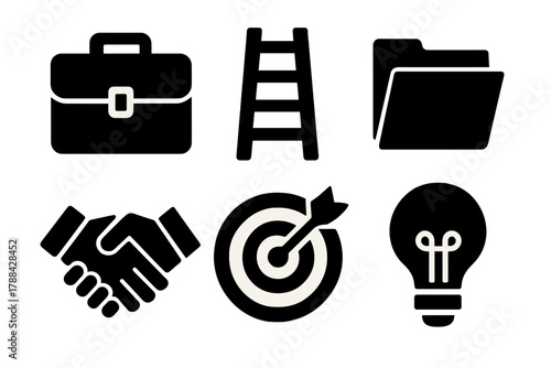 Brutalist Career Icons. Career guidance silhouette icon set: briefcase, ladder, document folder, target board, handshake, light bulb.