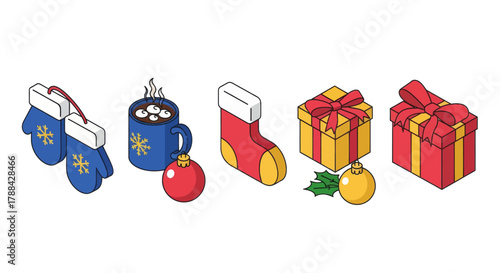 Christmas holiday decorations including mittens mug stocking gift boxes and ornaments