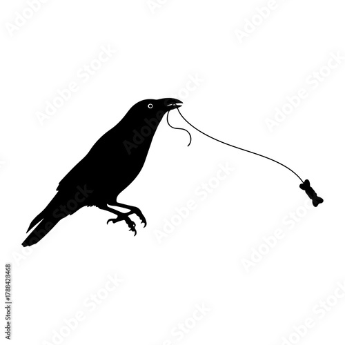 Silhouette of a crow holding a jump rope in its beak on white background