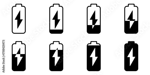 Sprite Sheet of Battery Charging Full or High or Empty Low Battery Power Load Black and White Symbol Sign Icon Set. Vector Image.