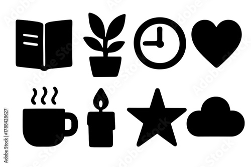 Bold Mindfulness Icons. Daily Mindfulness Icons silhouette icon set: journal, plant, clock, heart, cup, candle, star, cloud.