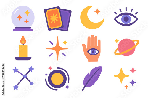 Mystic Astrology Icons. Mystic Astrology flat icons: crystal ball, tarot cards, crescent moon, eye symbol, candle, spark, magic hand, planet, constellation, stars, aura ring,