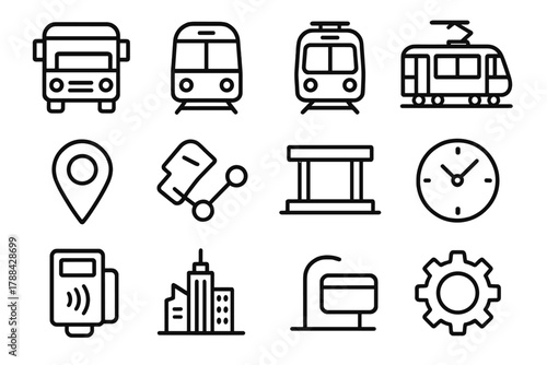 Public Transit Icons. Public Transit linear icon set: bus, train, subway, tram, ticket, map pin, route line, station, clock, card reader, city skyline, gear.