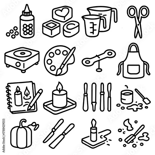 Crafting Tools Icons. Creative Workshop linear icon set: wax dyes, silicone molds, measuring cups, scissors, hot plate, color palette, wick holder, art apron, notebook sketches,