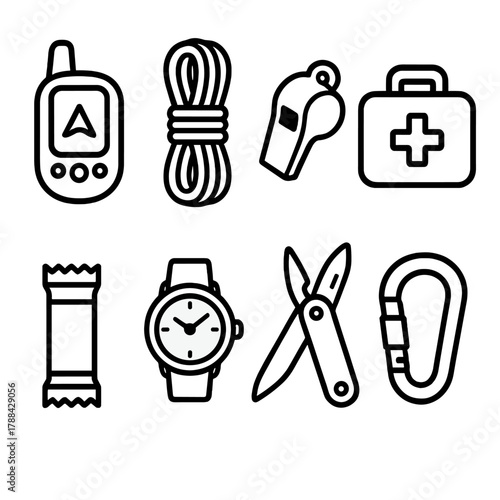 Outdoor Adventure Icons. Adventure Gear linear icon set: GPS device, climbing rope, whistle, first aid kit, snack bar, watch, multitool, carabiner.