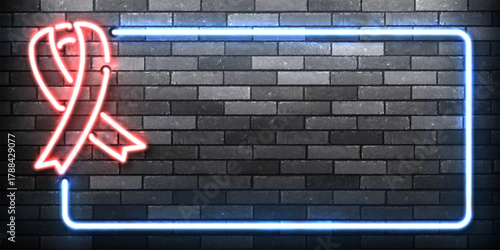 Vector neon frame with a red ribbon for AIDS december awareness month day isolated on the wall background.