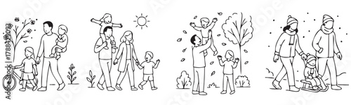 A series of black and white drawings of people and children in various outdoor settings. The drawings depict a family enjoying a day outdoors, with some children playing and others walking