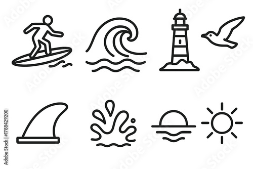 Wave Riders Icons. Wave Riders linear icon set: surfer, wave, seagull, lighthouse, horizon, board fin, splash, sun.