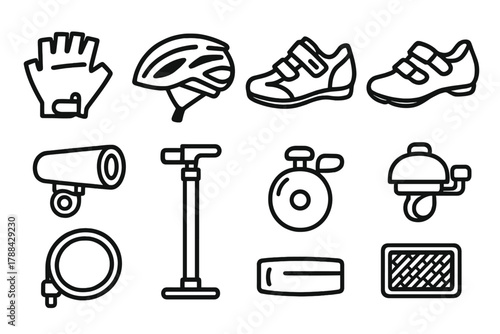 Cyclist Gear Icons. Cyclist Gear linear icon set: gloves, helmet, shoes, light, lock, tire pump, bell, reflector.