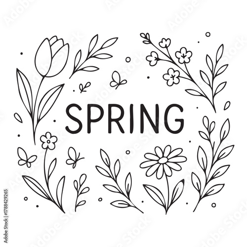 A black and white drawing of flowers and leaves with the word "spring" written in white. The drawing conveys a sense of new beginnings and growth, as spring is a season of renewal and freshness