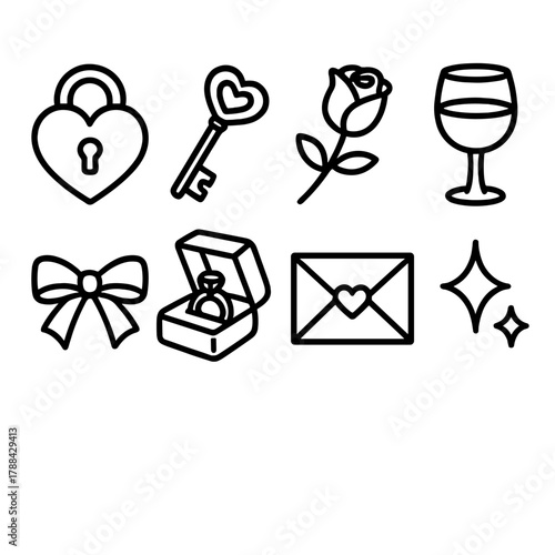 Valentine Icons Collection. Valentine’s Romance linear icon set: heart lock, key, rose, wine glass, ribbon, jewelry box, envelope, sparkles.