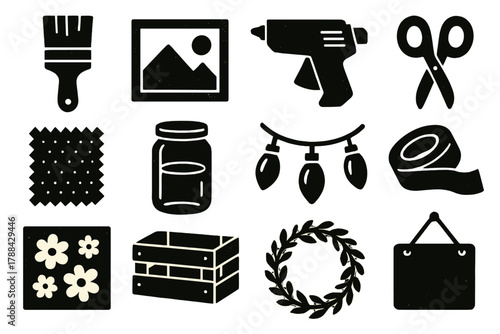 DIY Craft Icons. DIY Home Style silhouette icon set: paintbrush, picture frame, glue gun, craft scissors, fabric swatch, mason jar, string lights, washi tape, wall stencil, wooden