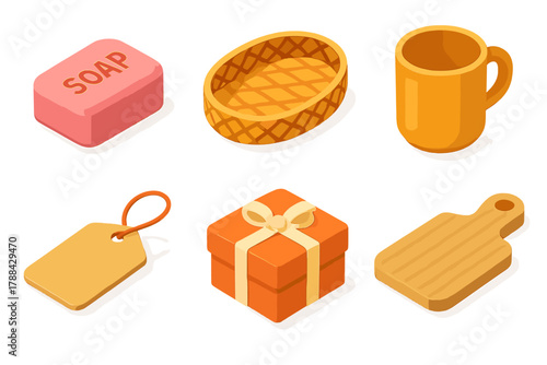 Home Crafts Icons. Home Crafts modern flat icons set: soap bar, wicker tray, mug, cutting board, paper tag, gift box.