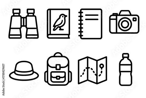 Birdwatching Gear Icons. Birding Essentials linear icon set: binoculars, field guide, notebook, camera, hat, backpack, map, water bottle.