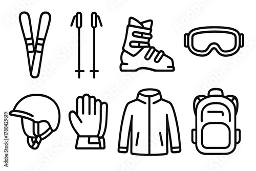 Ski Equipment Icons. Ski Gear linear icon set: skis, poles, boots, goggles, helmet, gloves, jacket, backpack.
