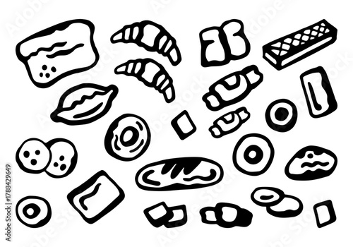 Icons of bakery products of various types and shapes. Vector illustration black and white on a white isolated background