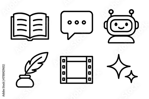 Digital Storytelling Icons. Digital Storytelling linear icon set: open book, speech bubble, chatbot, quill pen, film frame, sparkle.