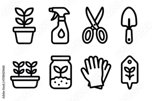 Compact Gardening Icons. Compact Gardening linear icon set: small pot, sprayer, scissors, scoop, tray, jar, gloves, tag.