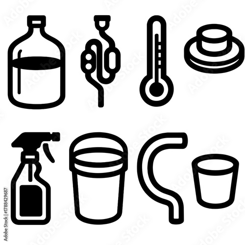 Fermentation Icon Set. Fermentation Station silhouette icon set: carboy, airlock bubbler, temperature gauge, fermentation lid, sanitizer spray, bucket, tubing, rubber stopper.