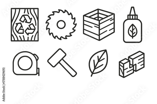 Eco-Friendly Woodcraft Tools. Eco Woodcraft linear icon set: recycled board, saw blade, wooden box, glue bottle, leaf, tape measure, mallet, wood joint.