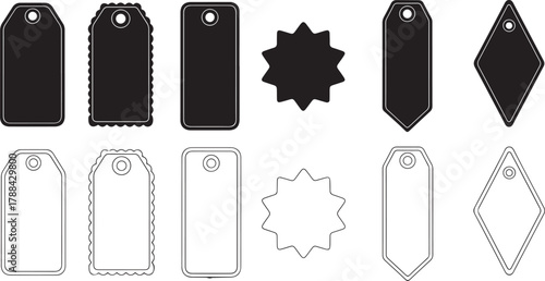 Various black and white tags and labels with different shapes and edges price tag