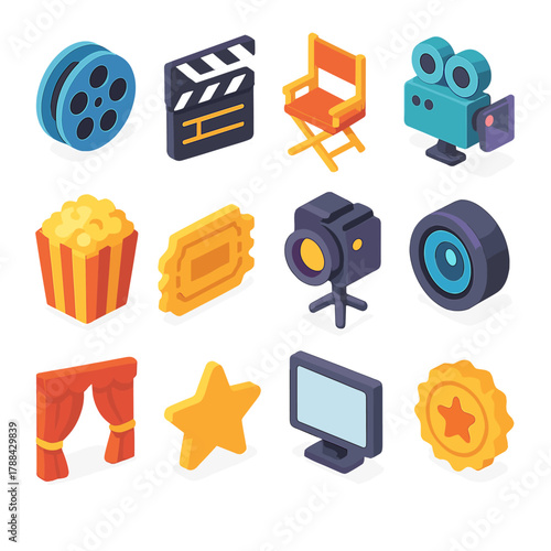 Sundance Cinema Icons. Sundance Film Extravaganza – Cinema Magic modern flat icons set: film reel, clapperboard, director’s chair, projector, popcorn box, movie ticket, spotlight,
