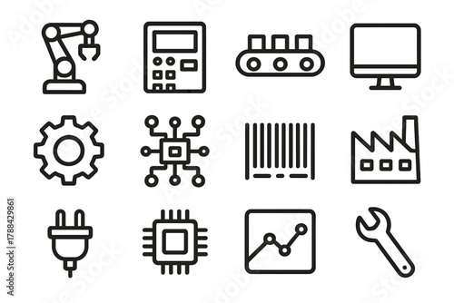 Factory Icons Set. Automated Production Icons linear icon set: robotic arm, control panel, conveyor belt, monitor, gear, circuit, barcode, factory, plug, data chip, graph, wrench.
