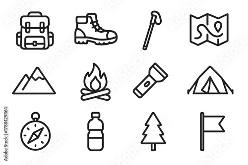 Trail Hiking Icons. Trail Hiking Icons linear icon set: backpack, boots, walking stick, map, mountain, campfire, flashlight, tent, compass, water bottle, tree, flag.