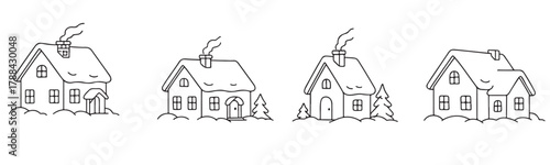 Four houses with chimneys on top. The houses are all different sizes and are all on a hill