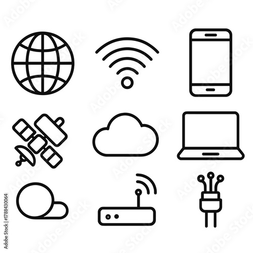Digital Network Icons. Digital Network linear icon set: globe, Wi-Fi signal, smartphone, laptop, satellite, cloud, router, fiber cable.