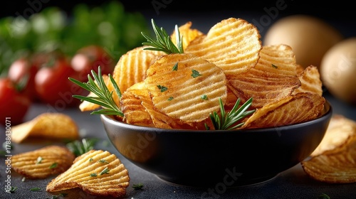 Crispy potato chips in black bowl with fresh rosemary and tomatoes