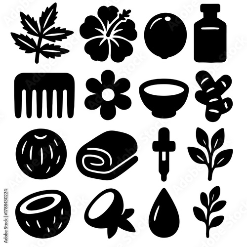 Ayurvedic Haircare Icons. Ayurvedic haircare silhouette icon set: neem leaf, hibiscus, amla fruit, oil bottle, comb, flower, bowl, turmeric root, coconut, towel, dropper, herb.