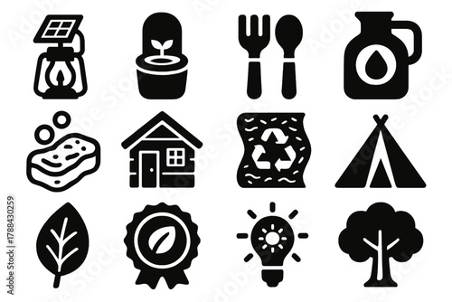 Eco Glamping Icons. Eco Glamping silhouette icon set: solar lamp, compost toilet, bamboo utensils, water jug, organic soap, wooden cabin, recycled fabric, canvas tent, green leaf,