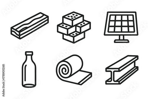 Eco Construction Icons. Eco Construction linear icon set: wooden plank, clay brick, solar panel, glass bottle, insulation roll, metal beam.