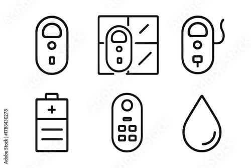Window Cleaning Icons. Window Cleaning Robots linear icon set: suction pad, glass panel, rope, battery, remote control, droplet.