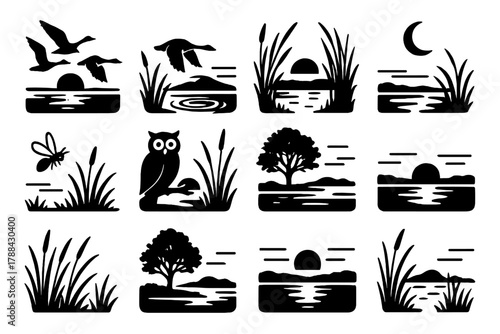 Wetland Sunset Silhouette. Evening wetlands linear icon set: sunset reflection, flying geese, rippling pond, silhouetted reeds, crescent moon, firefly, owl, still water, tall