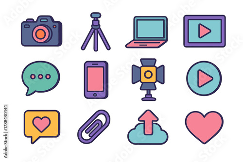 Digital Storytelling Icons. Digital Storytelling modern flat icons set: vlog camera, tripod, laptop, video frame, speech bubble, phone, light, play button, comment, clip, upload