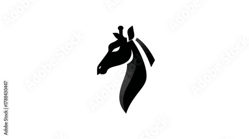 Elegant black silhouette of a giraffe head, minimalist modern abstract animal design on white background, stylized wild mammal illustration